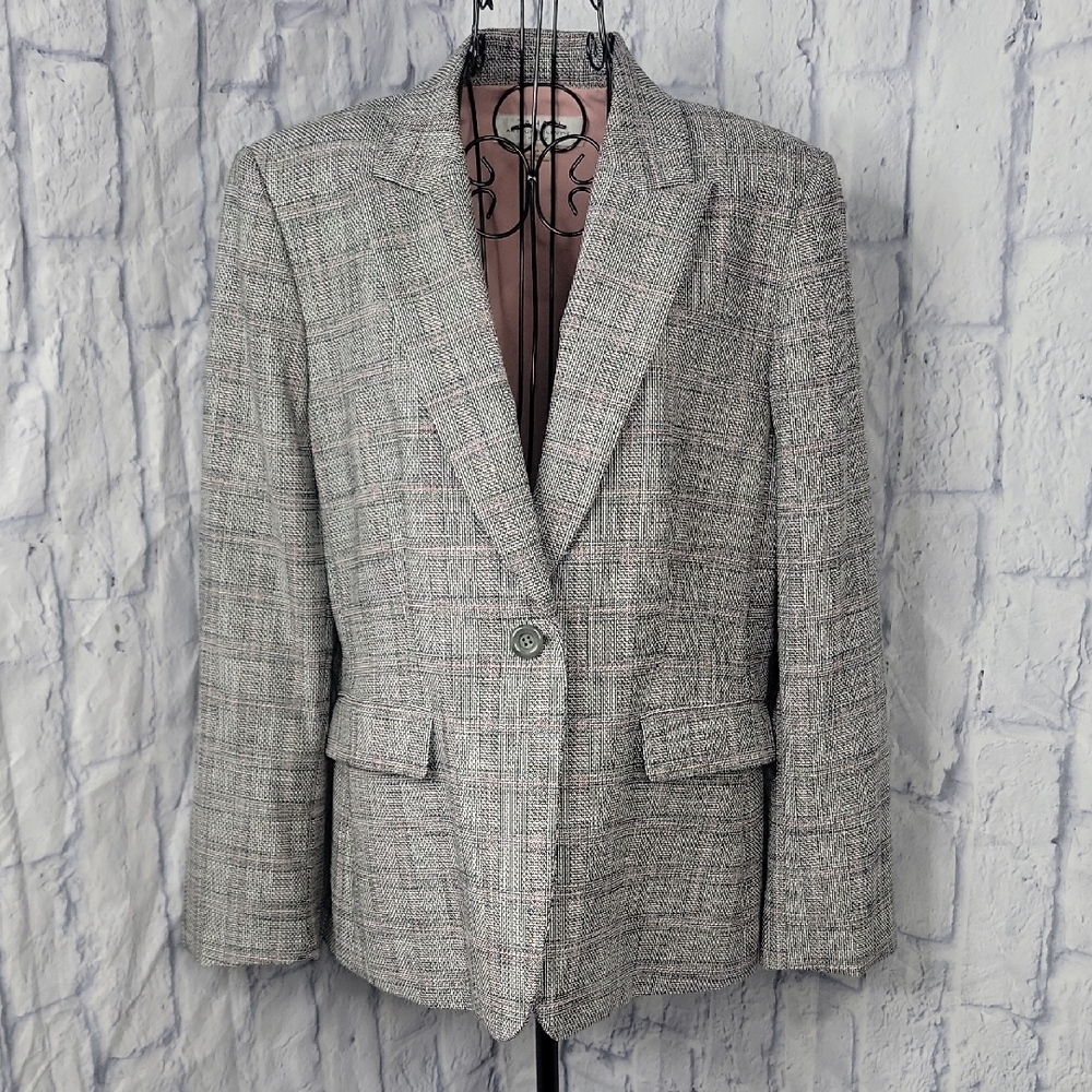 Tahari Gray/Pink Plaid One Button Lined Blazer Jacket 14 Petite‎